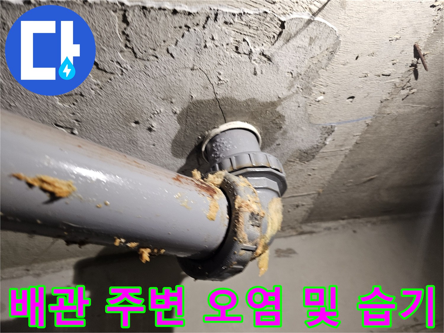 오수관-주변에-묻은-이물질과-젖어있는-천장-콘크리트