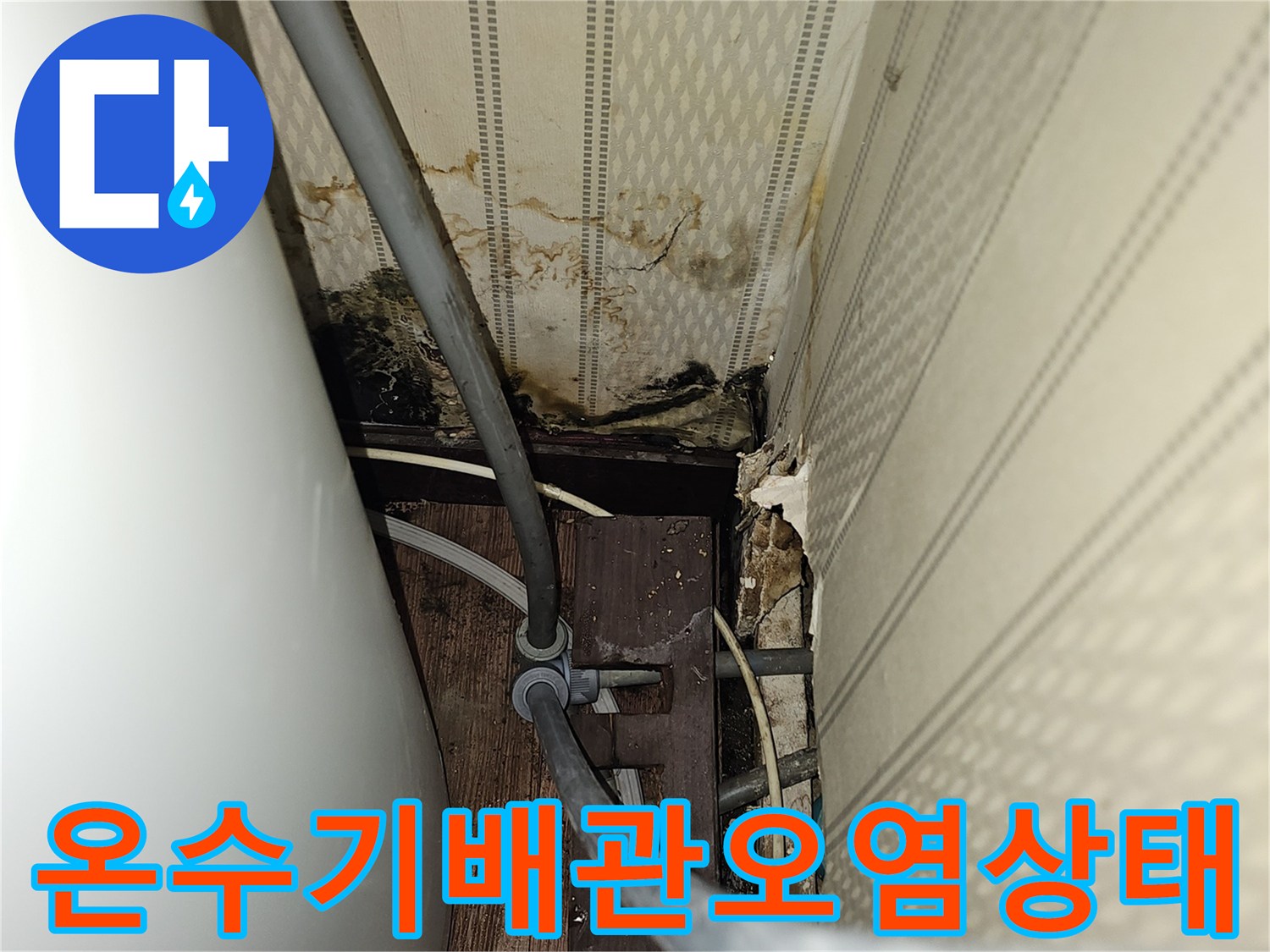 온수기-연결부위-배관-주변-벽지-얼룩과-습기-상태