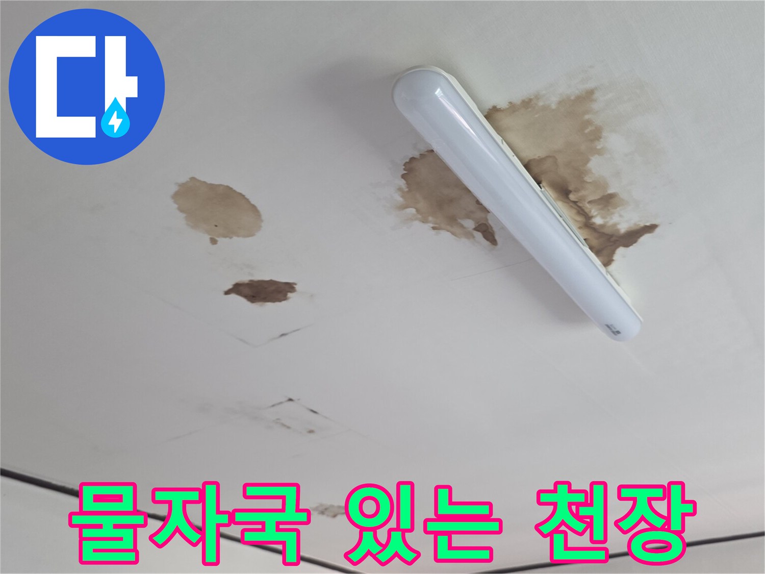 천장 형광등 주변의 누수 발생 및 변색된 얼룩 부위