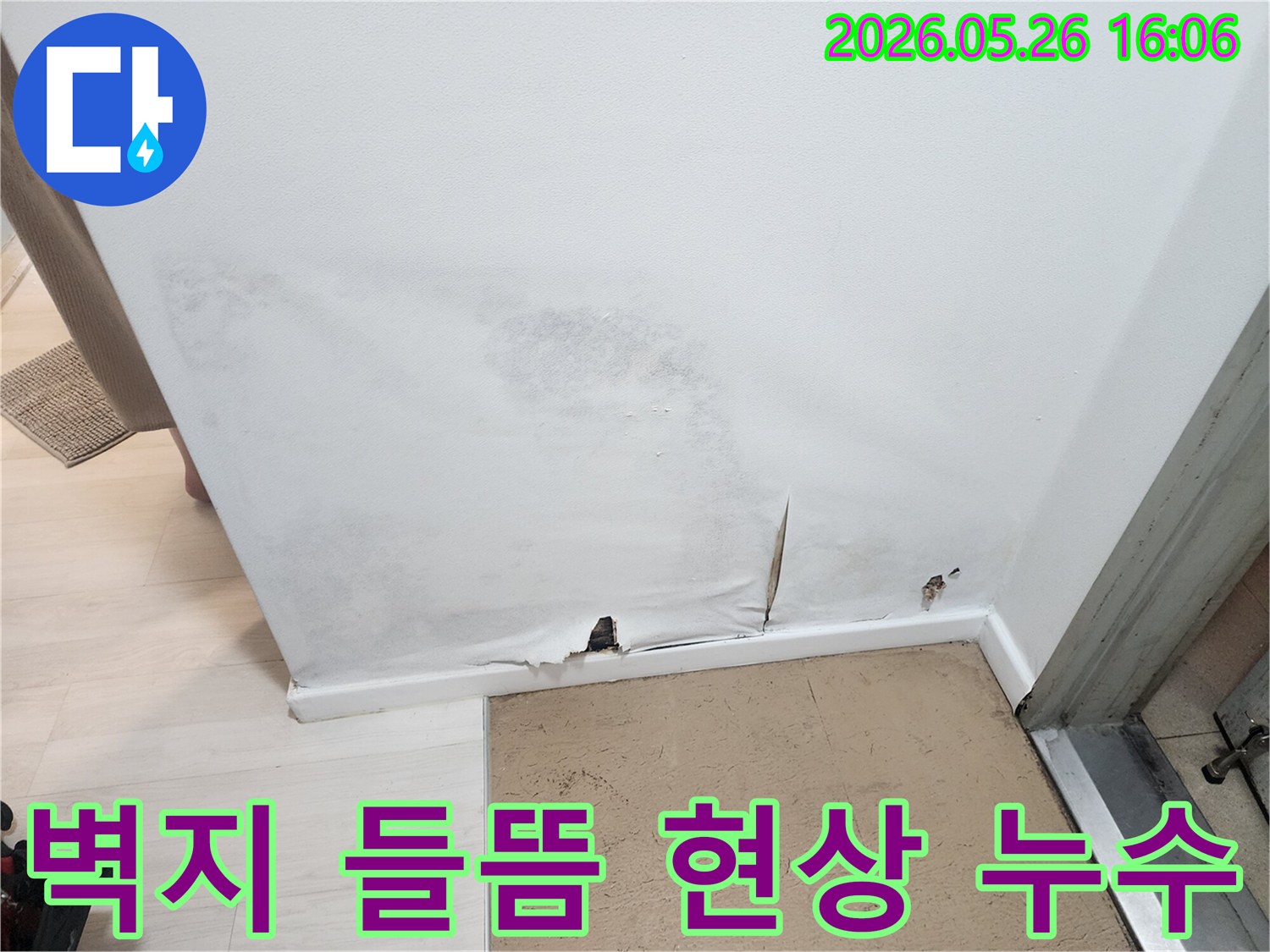 벽지-하단이-젖어-찢어지고-곰팡이가-번진-누수-발생-벽면