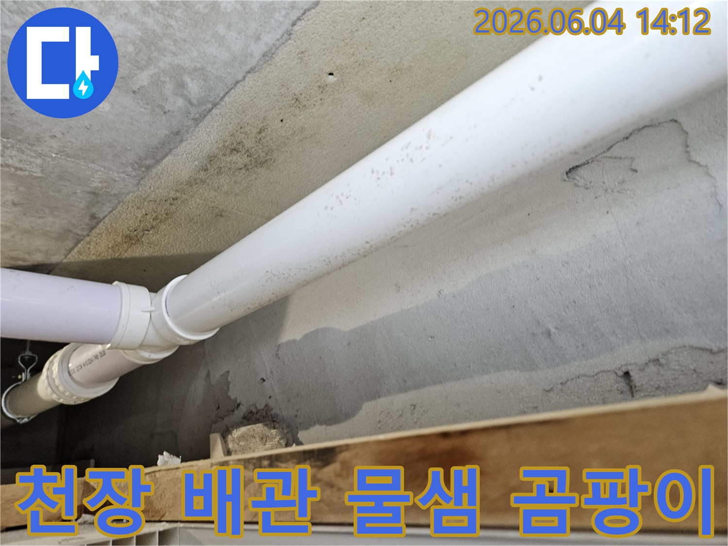 콘크리트-천장-아래-배관에서-누수가-발생하여-벽면에-습기와-곰팡이가-번진-상황