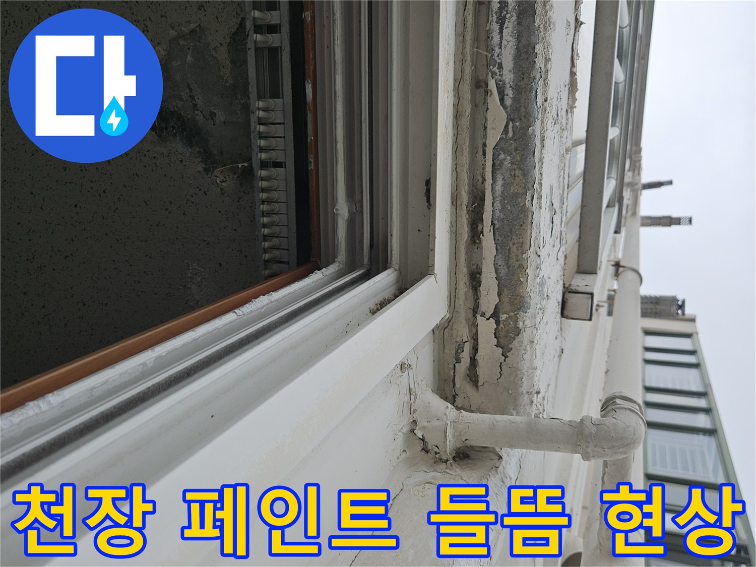 습기로 인해 부풀어 오른 천장 마감재와 배관 주변의 변색된 상태입니다.