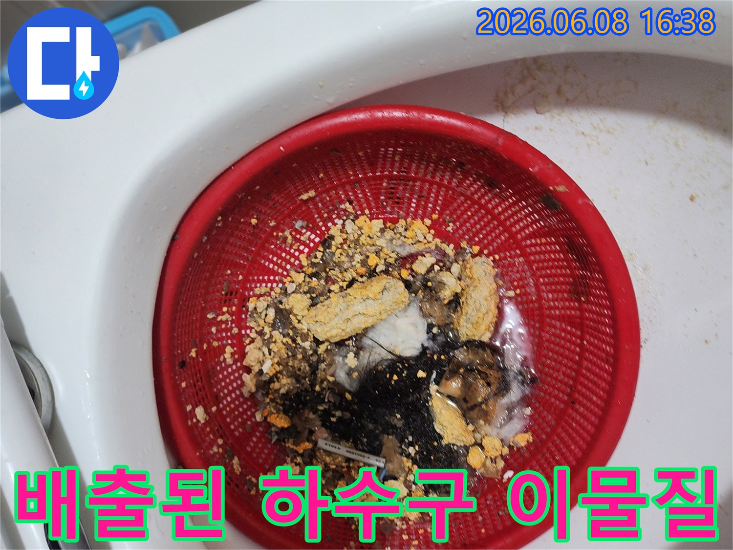 빨간 채에 모인 머리카락과 누런 슬러지 덩어리
