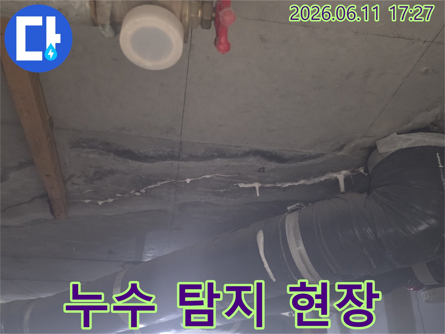 누수 탐지 현장에서 천장 콘크리트의 백화 현상과 배관 주변의 습기를 포착한 이미지입니다