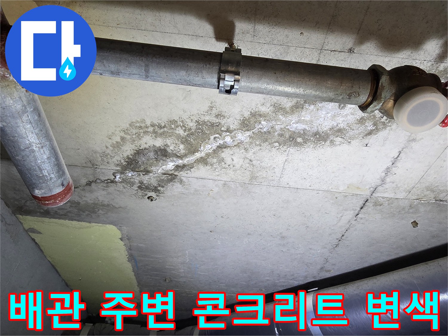 화장실-천장-배관-주변의-콘크리트-슬래브-오염-상태