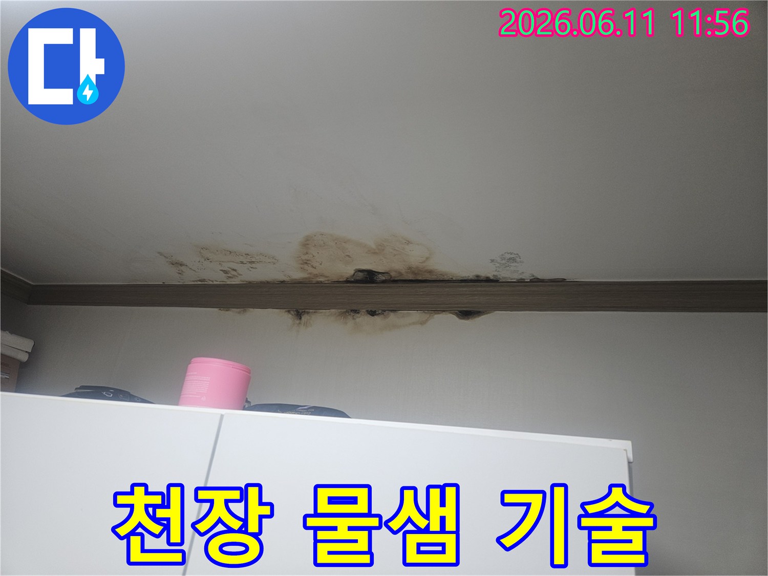 천장에서 물이 새어-마감재가 손상되고-검게 변색된-심각한 누수 현장