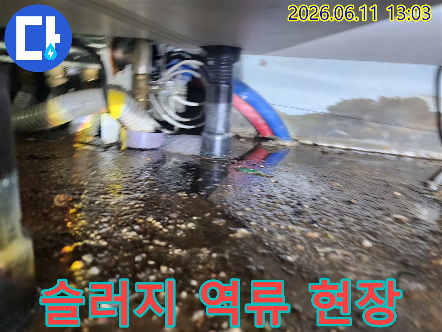 기름 슬러지와 오물이 섞여 역류한 싱크대 하부 배관 주변입니다.