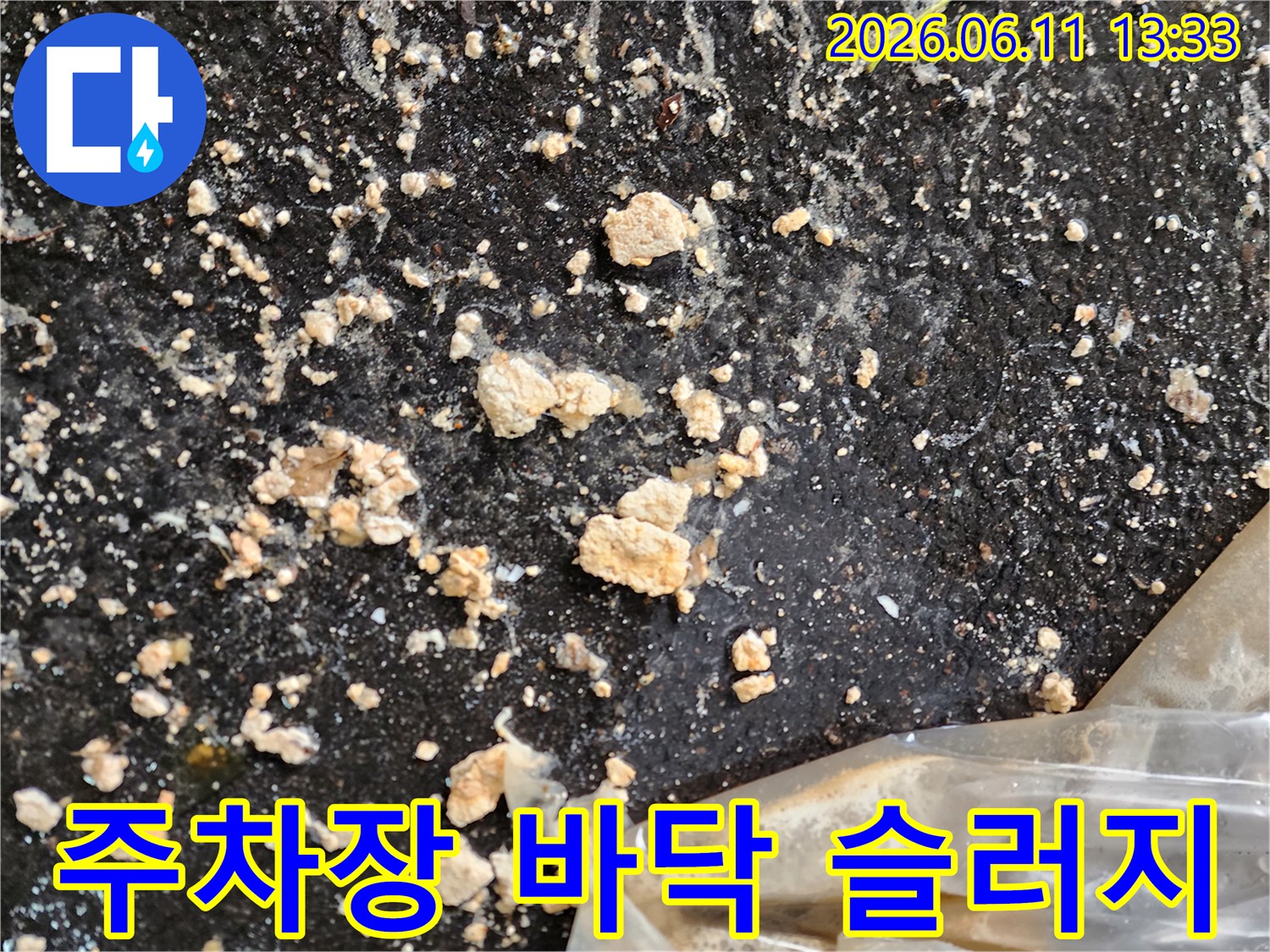 성동구 성수동 주차장 바ണ്ട에 쏟아져 나온 하얀색 오수 슬러지 덩어리들