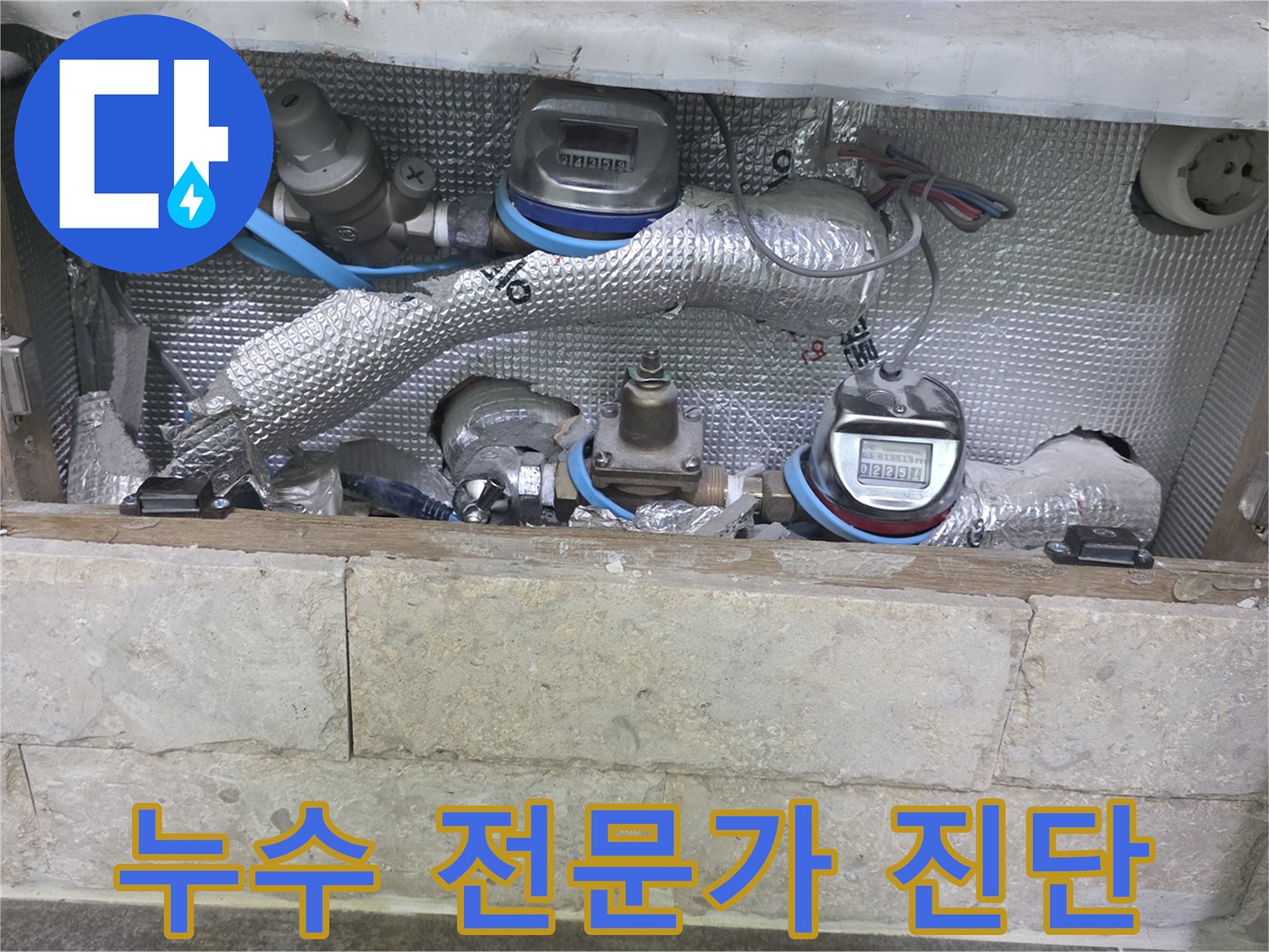 누수 전문가가-배관과-수도 계량기 주변을-정밀하게 진단하는 현장 사진입니다