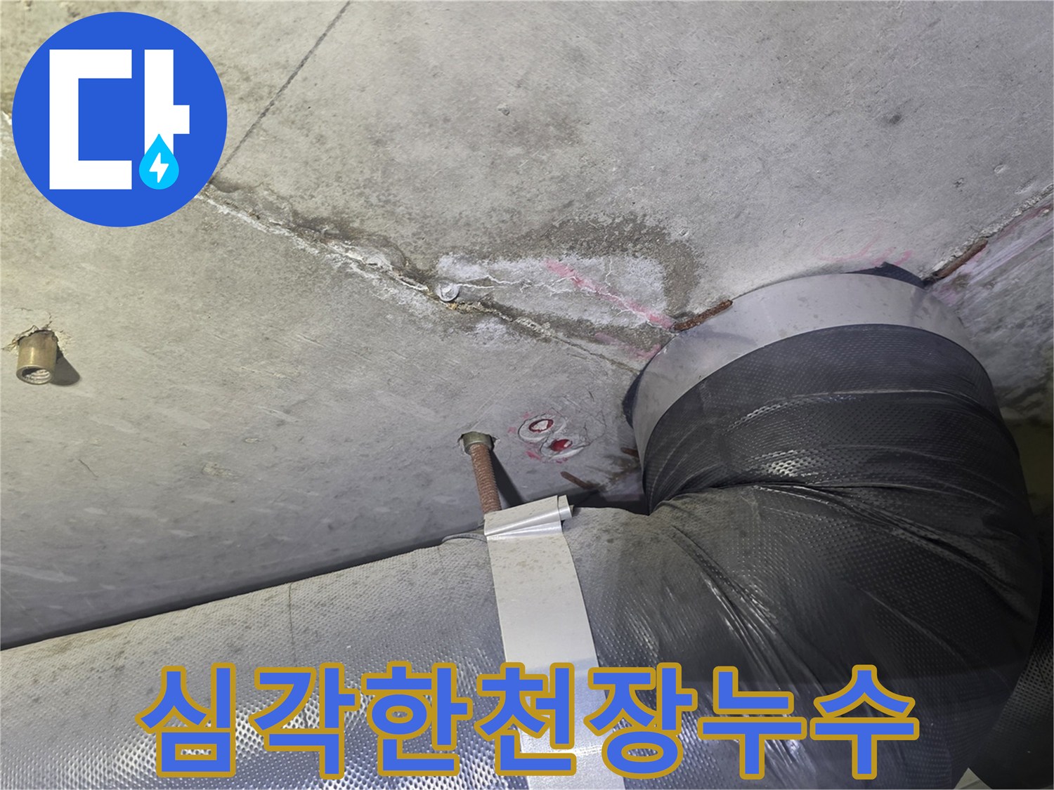 천장 콘크리트의-광범위한 물자국과-균열-그리고 배관 주변의-젖은 흔적을-보여주는-심각한 누수 현장