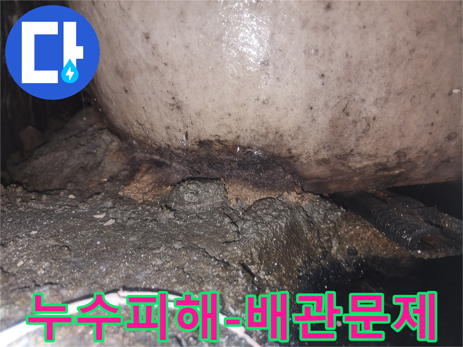 배관 주변의 콘크리트가 물에 젖어 부스러지고 곰팡이가 발생한 누수 현장