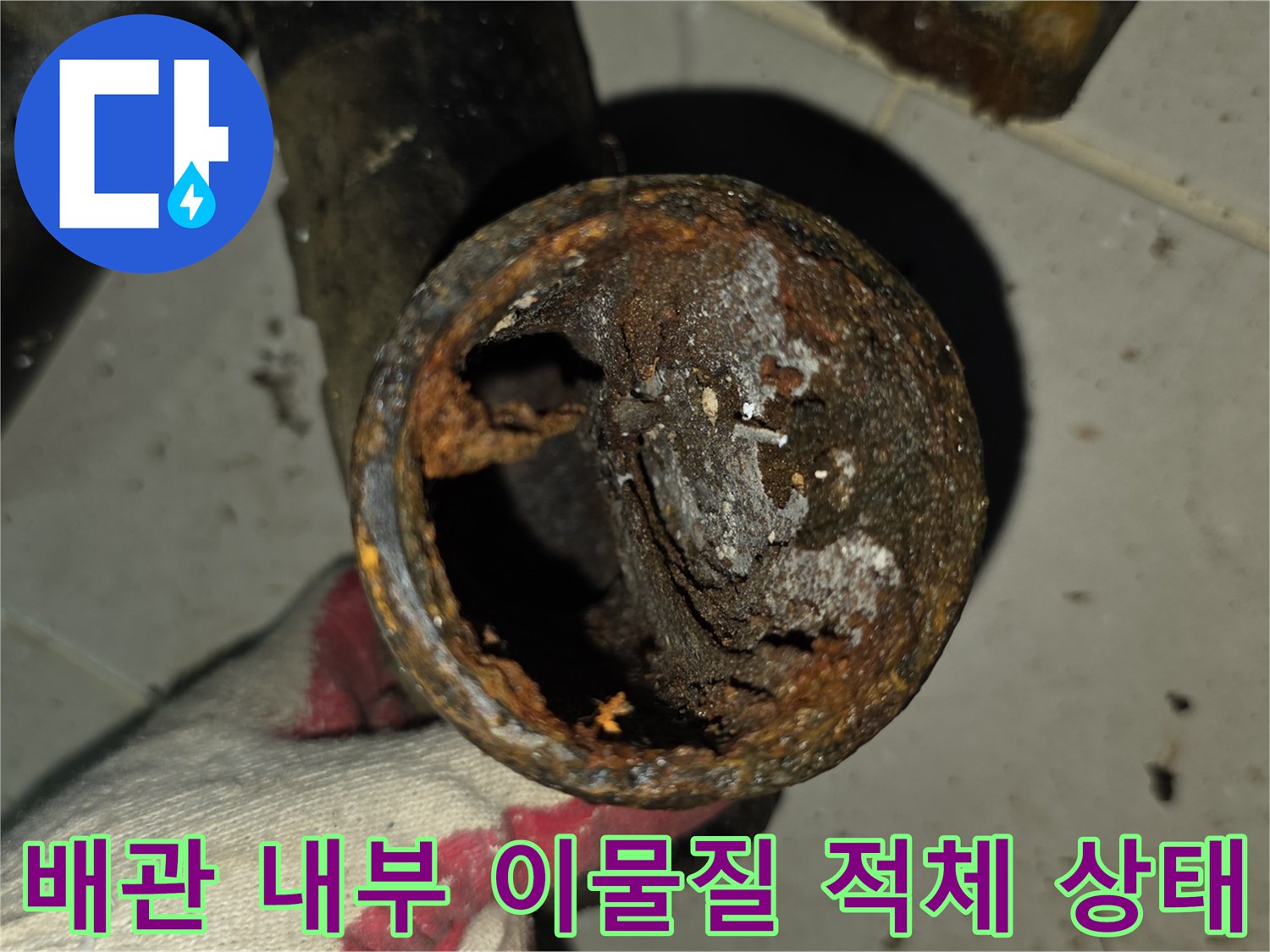 욕실 천장 배관 내부에 머리카락과 슬러지가 가득 차 있는 모습입니다.