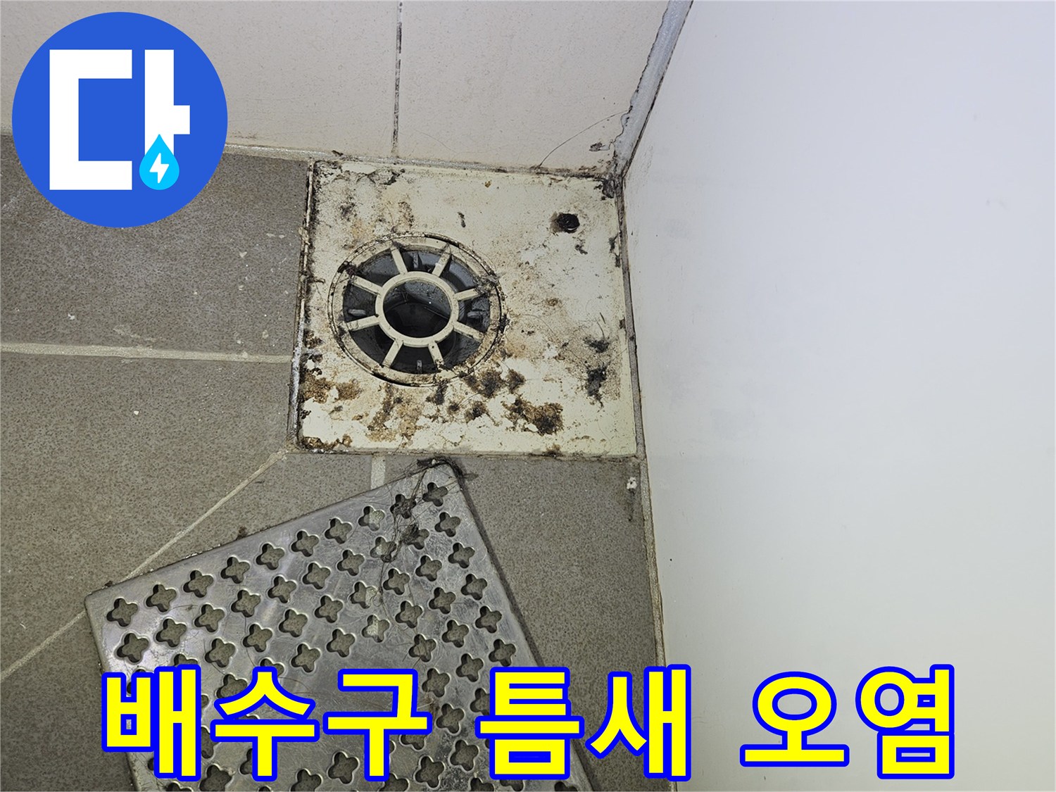 배수구-주변의-이물질과-오염된-타일-표면