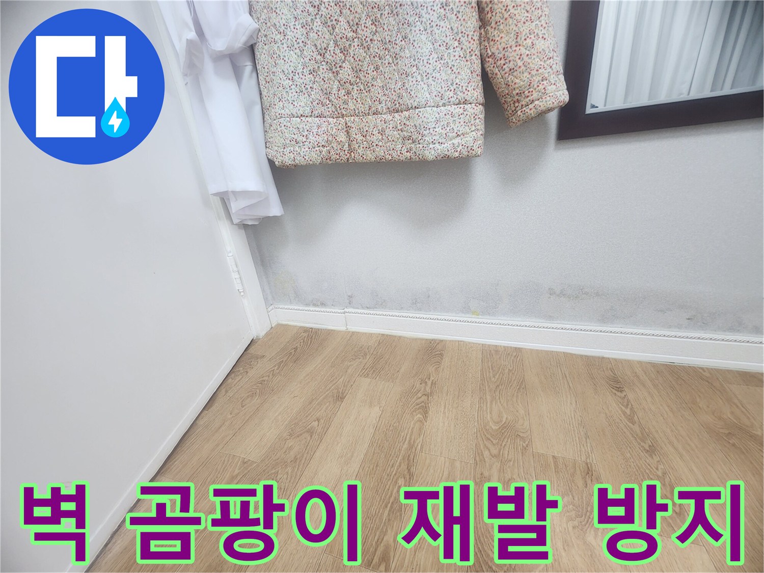 벽 하단에 발생한 곰팡이와-습기 자국은-누수로 인한 것임을 보여주며-재발 없는 완벽한 해결을 위해-전문적인 공사가 필요합니다.
