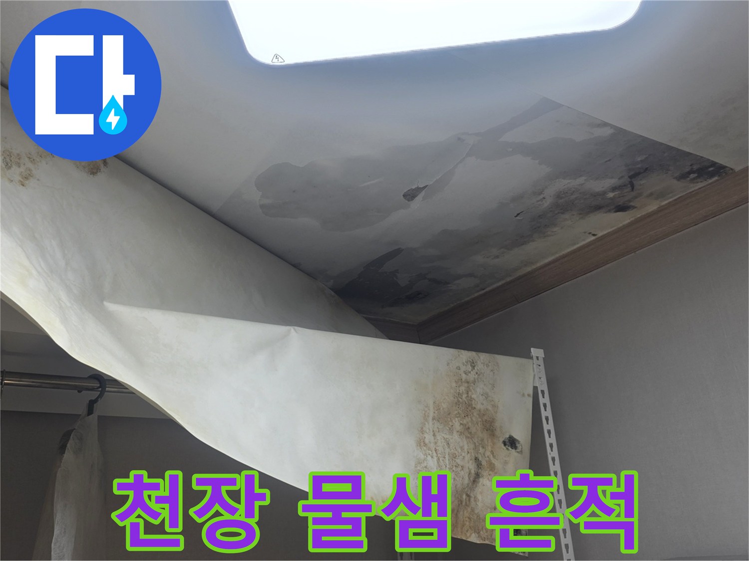 누수 문제로 인해-천장 도배지가-떨어져 내리고-검은 곰팡이가 가득한 모습입니다