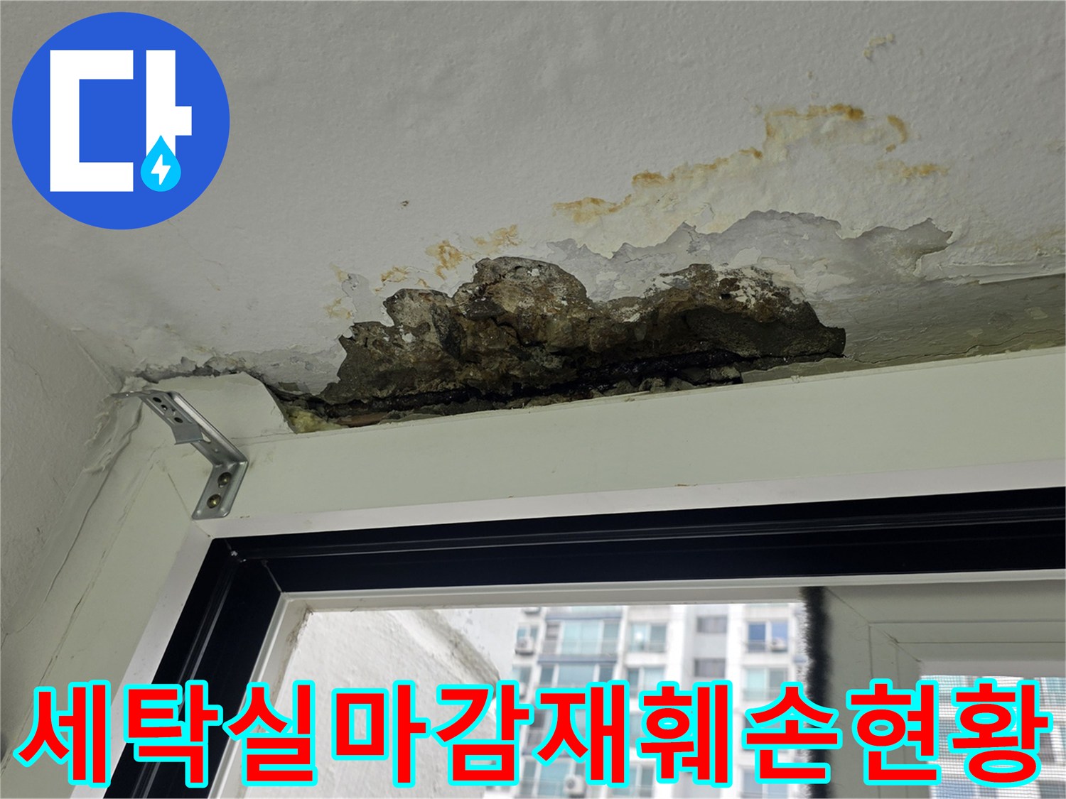 누수로 인해 젖고 변색된 세탁실 천장 마감면의 클로즈업 사진