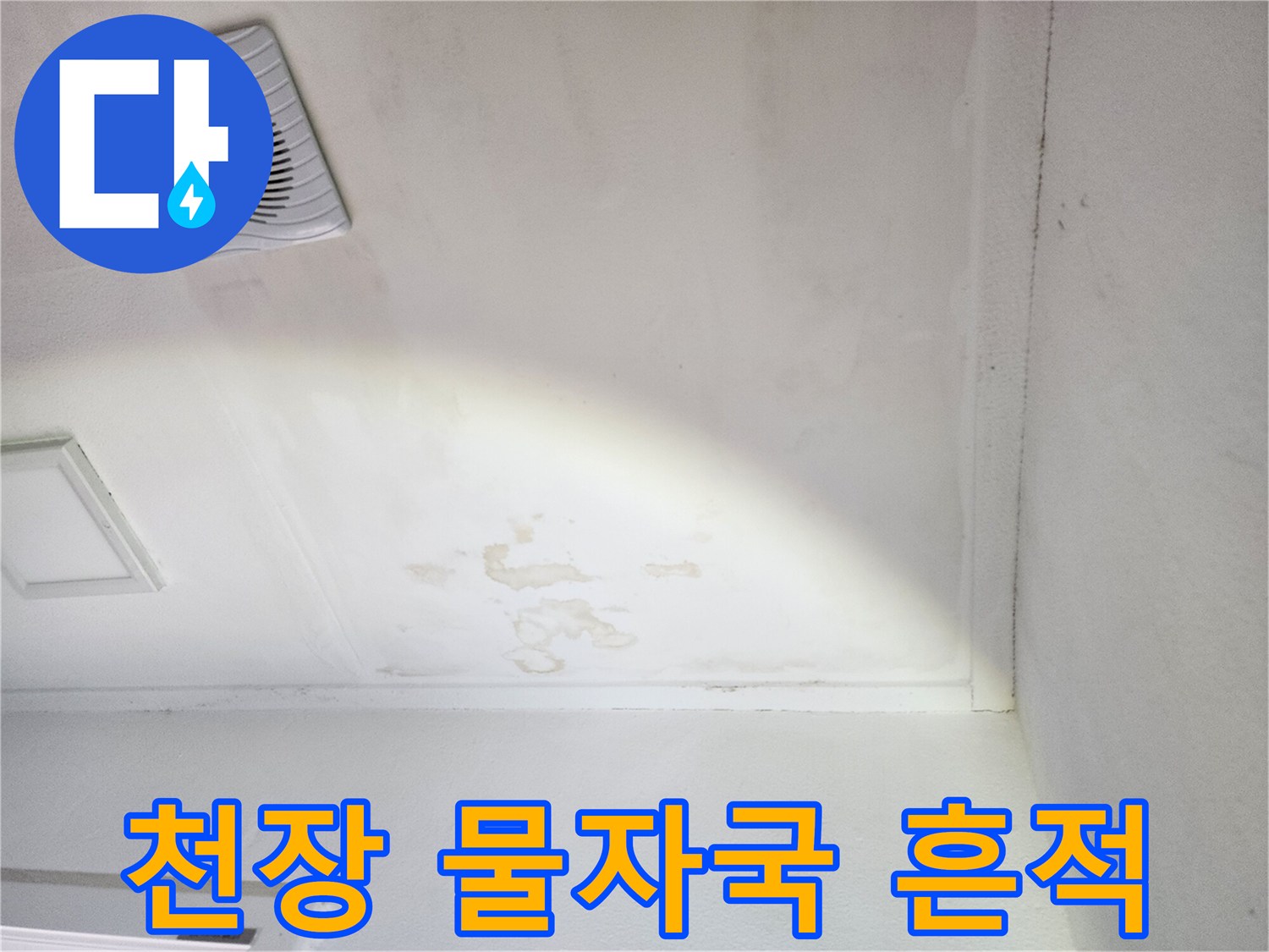 천장 마감재에 나타난 불규칙한 물샘 흔적 부위