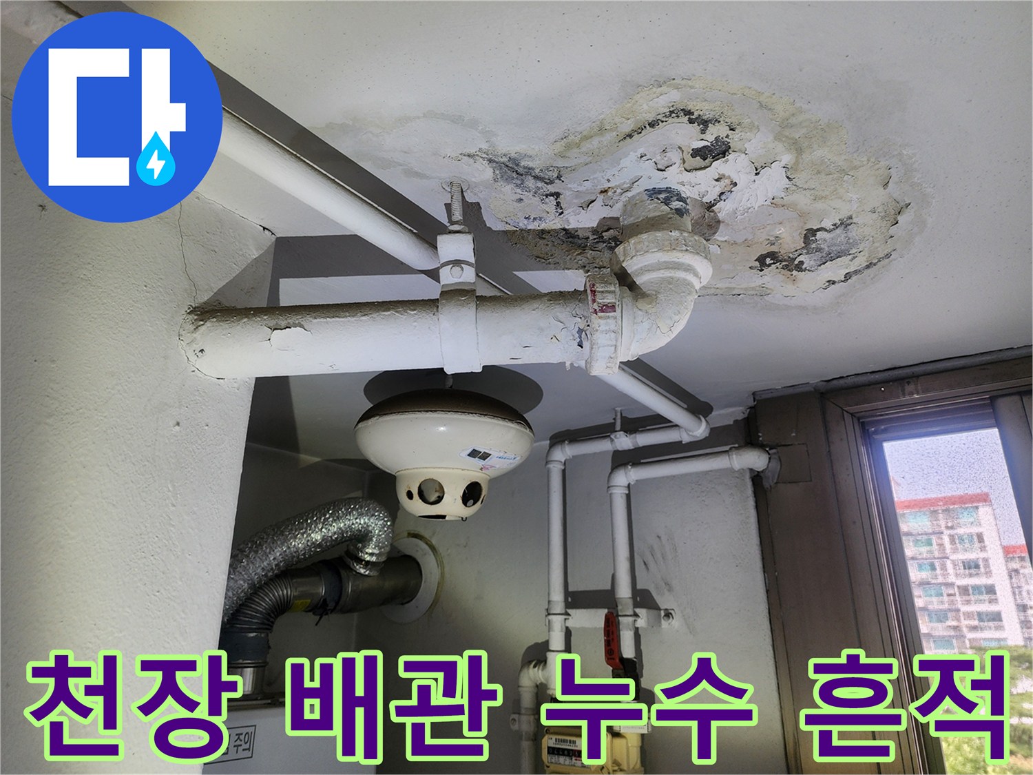 정왕동 세탁실 천장 배관 주변의 심한 습기 및 오염 부위