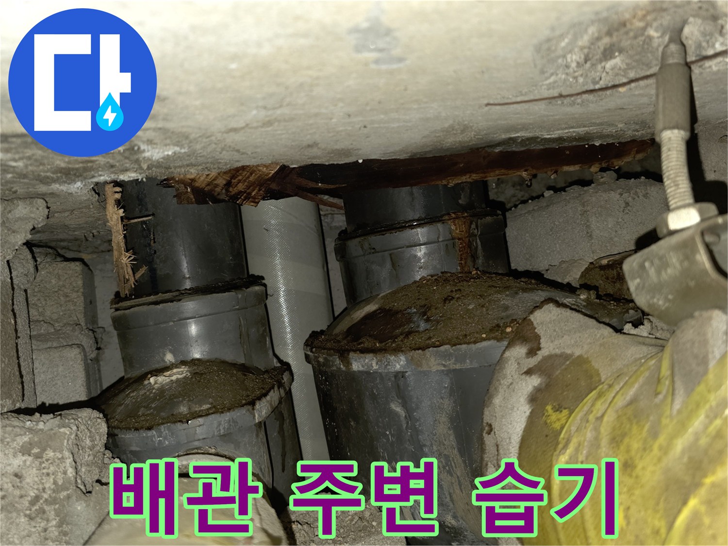 누수로 인해 젖어 있는 콘크리트 천장과 하수도 배관