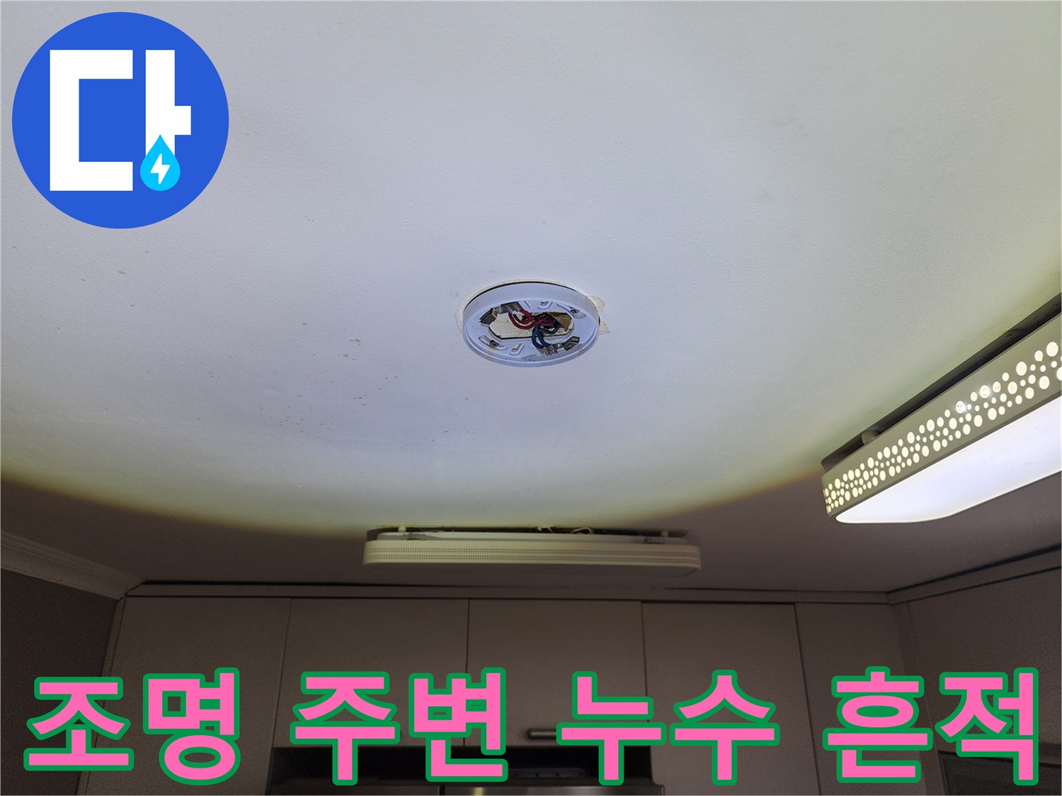 천장 조명 기구 주변의 누수로 인한 얼룩 부위
