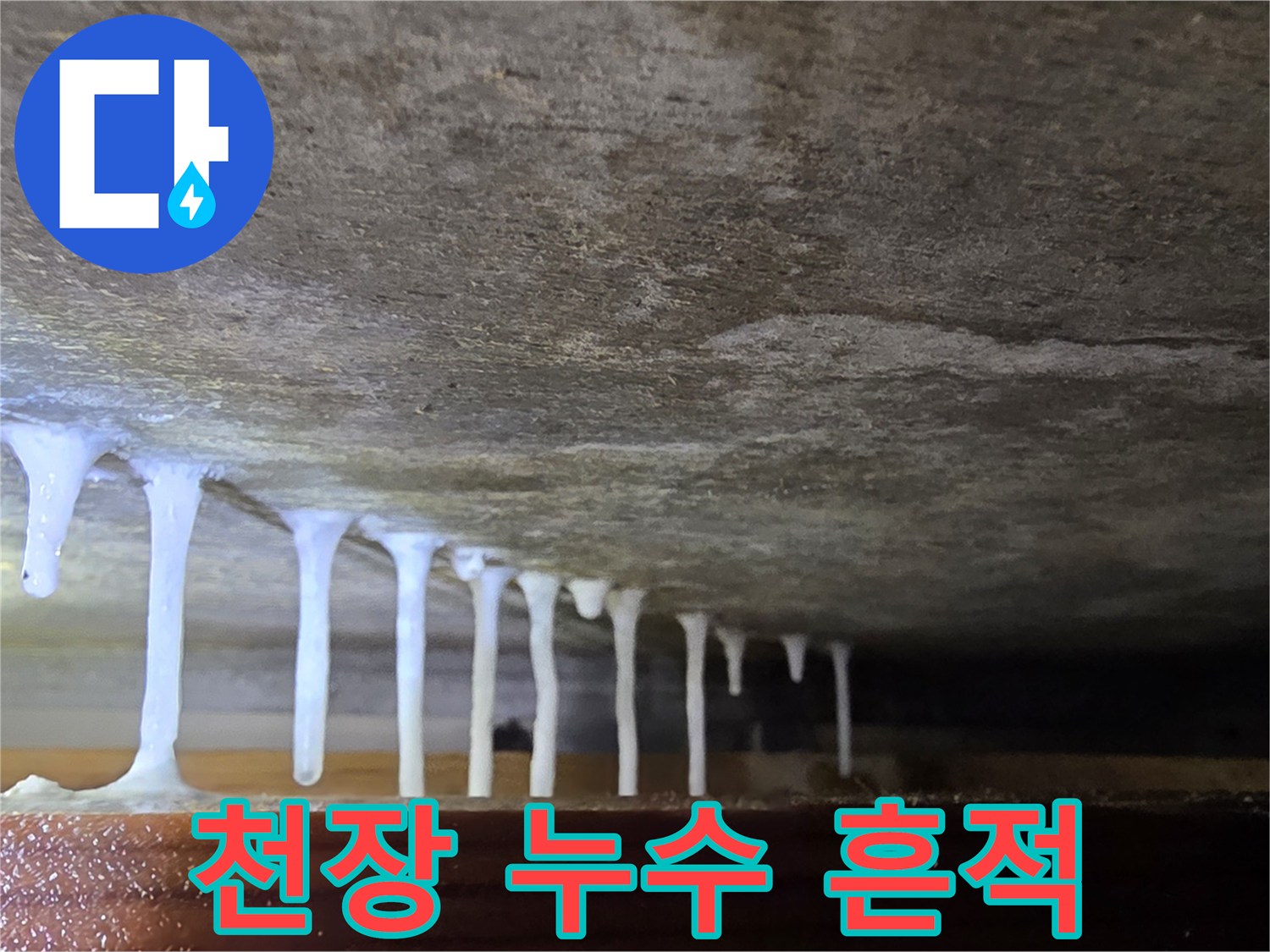 콘크리트 천장에 맺힌 하얀 석회 고드름 현상