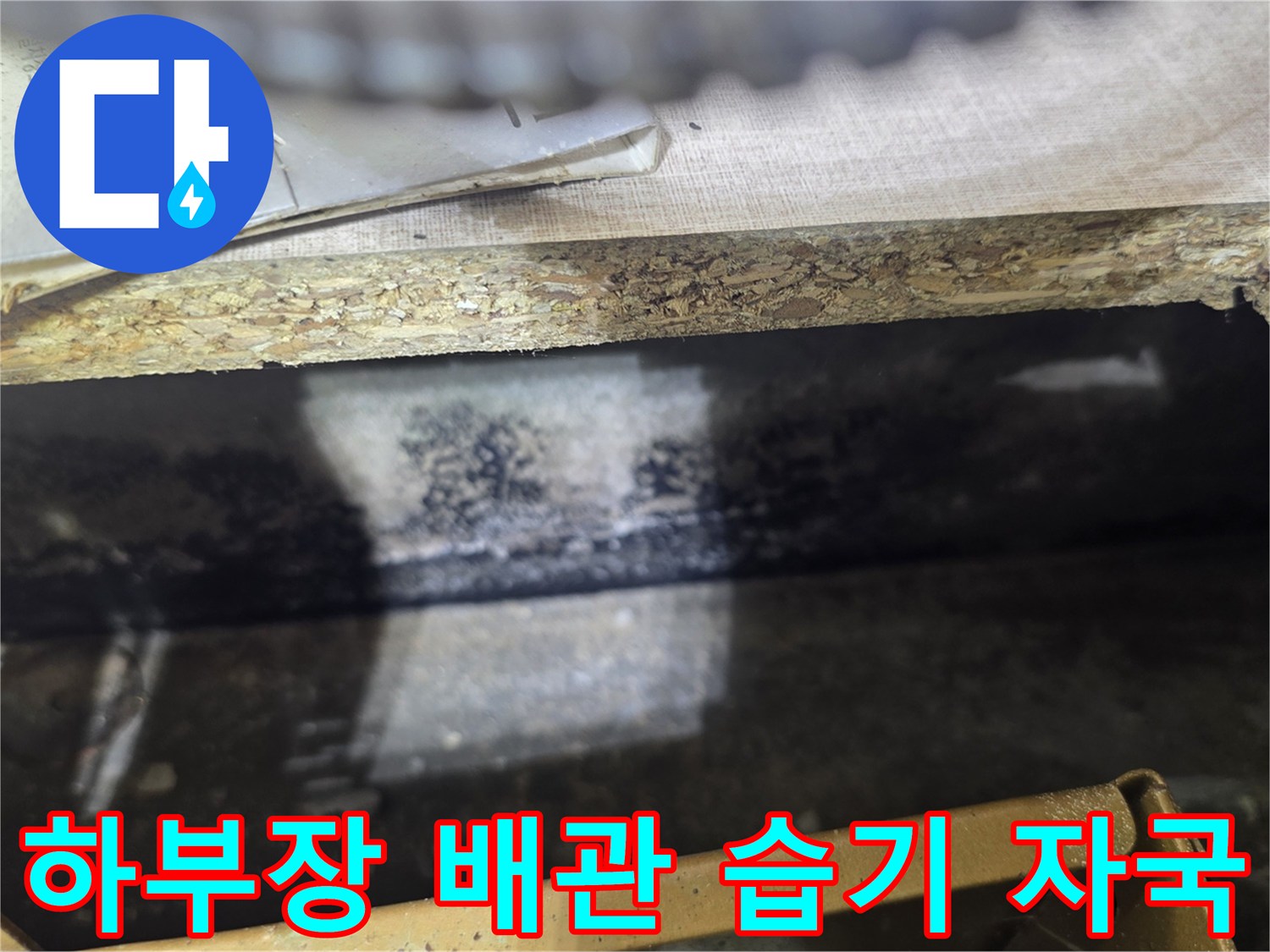 싱크대 아래쪽 배관 주변의 젖은 흔적과 변색된 부위