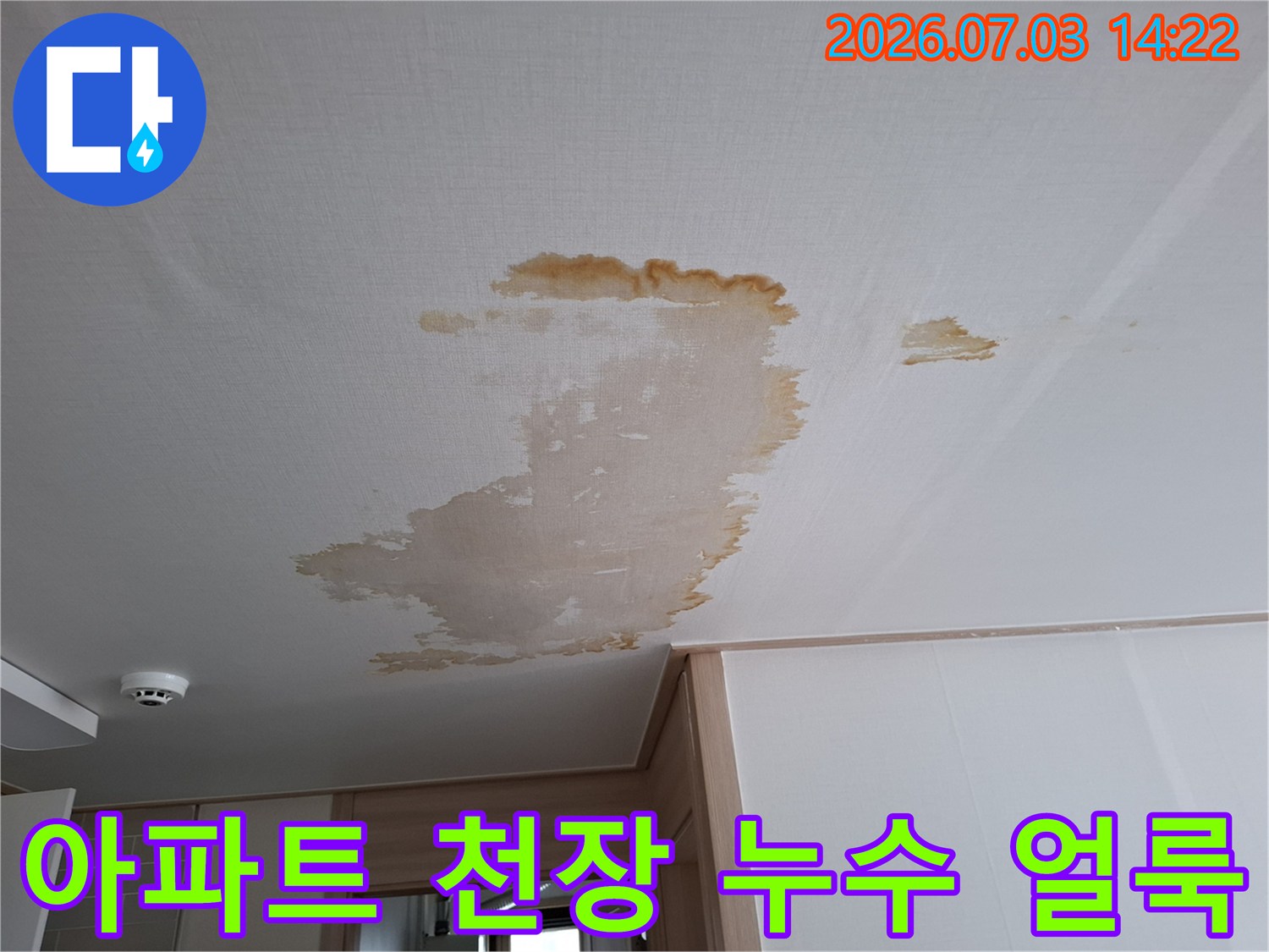 흰색 천장 마감재에 발생한 갈색 누수 얼룩과 습기 흔적