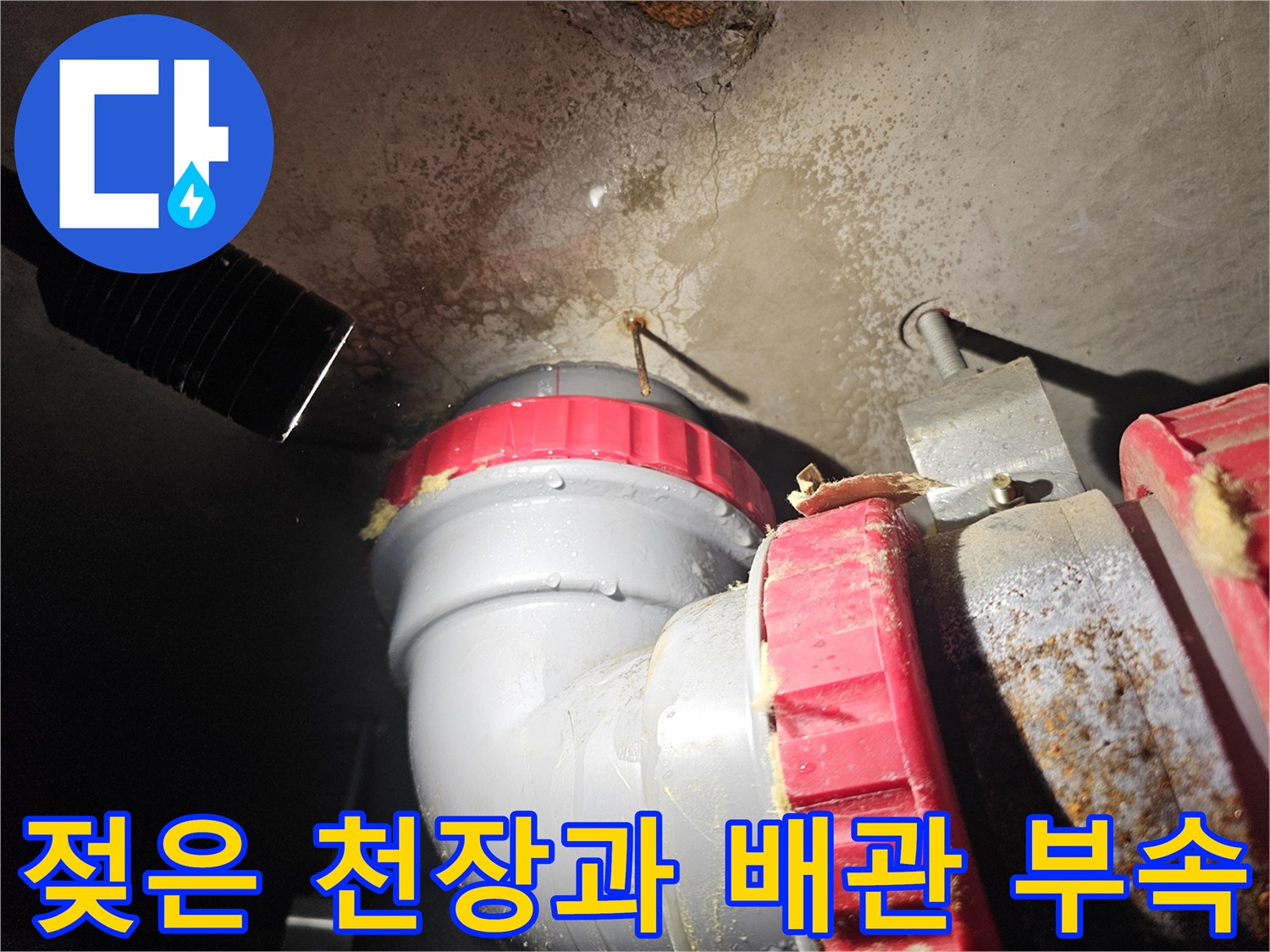 배관-엘보-연결-부위-주변의-천장-오염-및-습기-상태