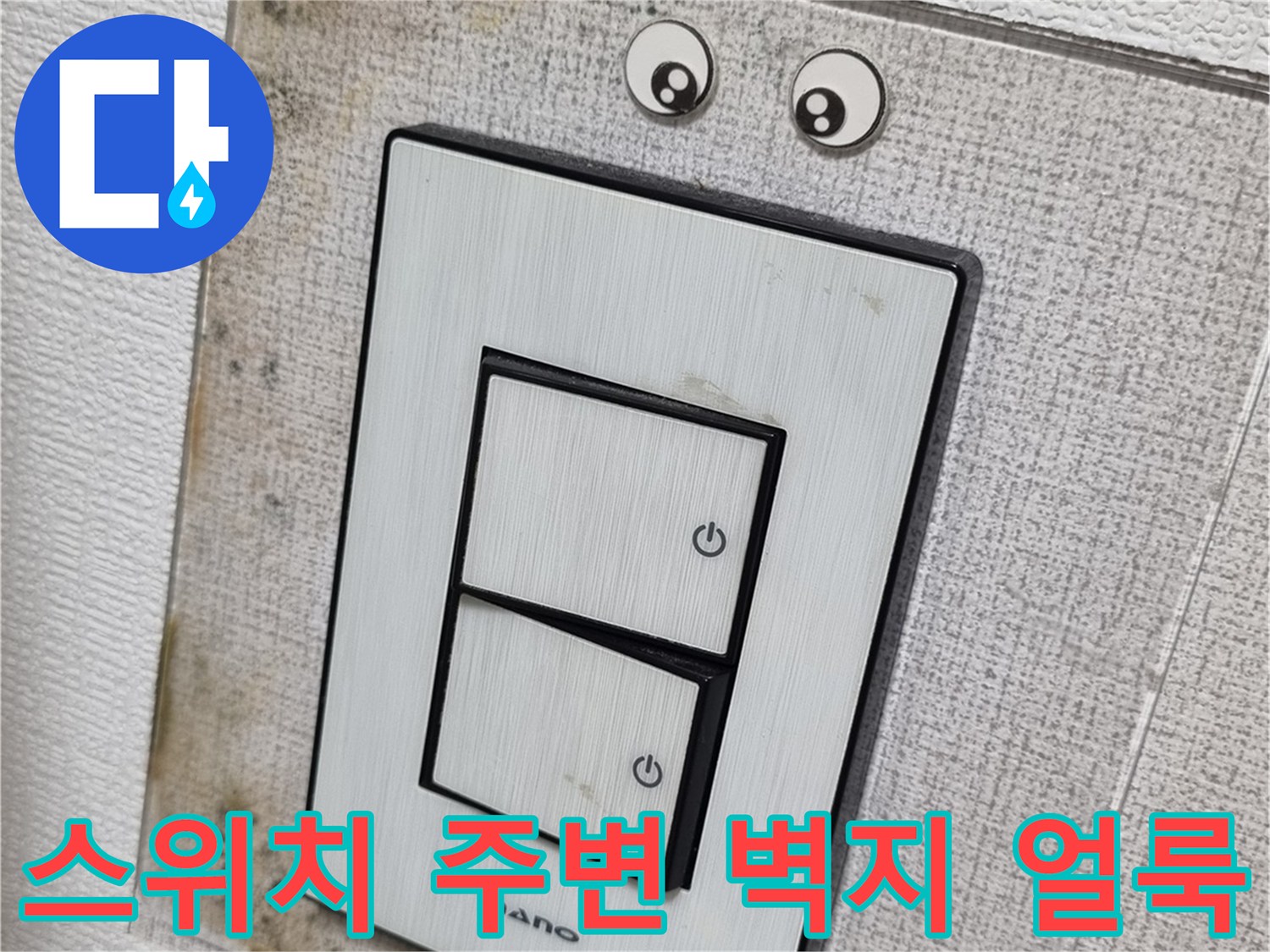 전등 스위치 주변의 젖은 벽지와 변색된 흔적
