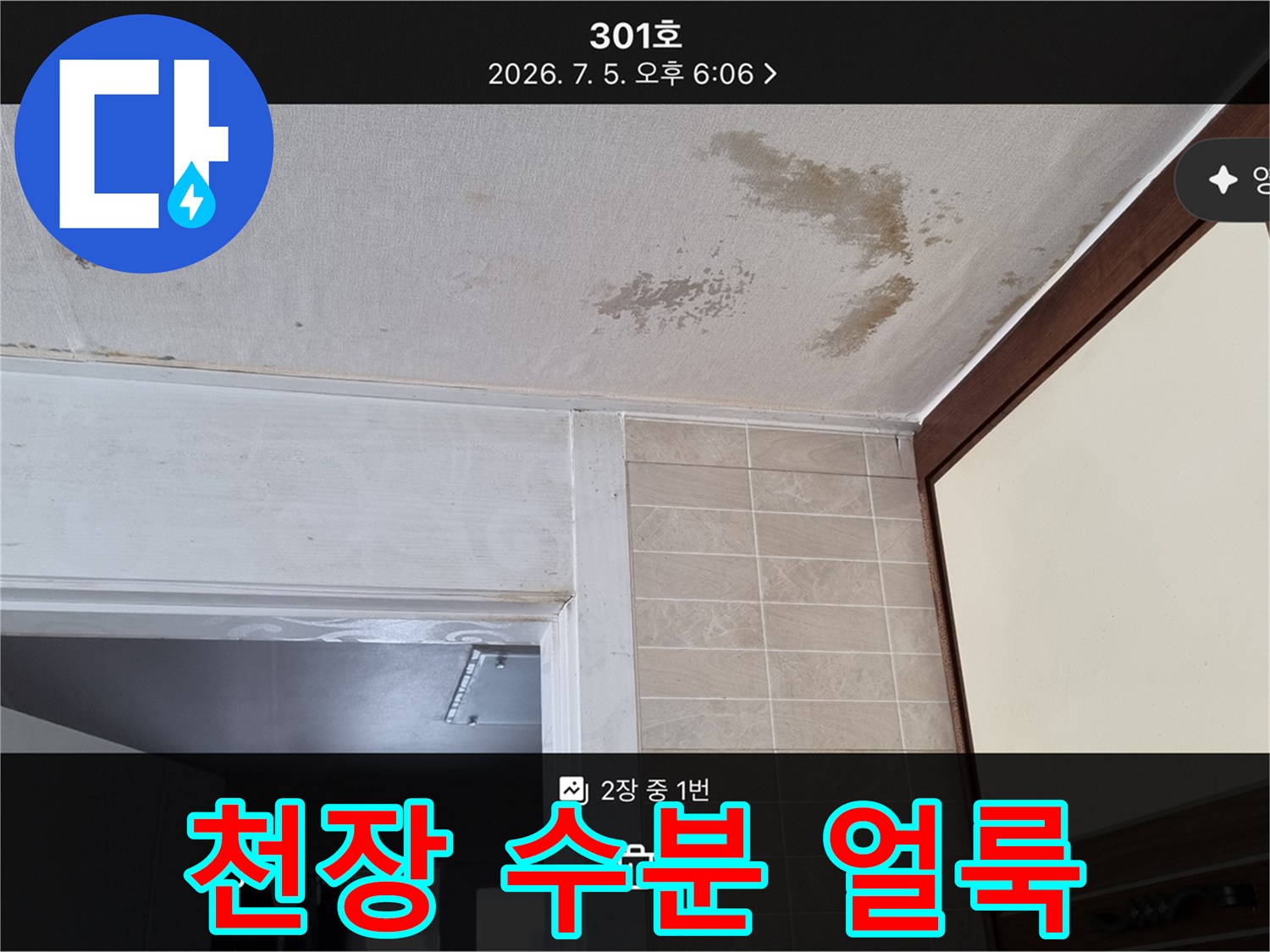 천장에 발생한 갈색의 누수 흔적과 곰팡이 부위