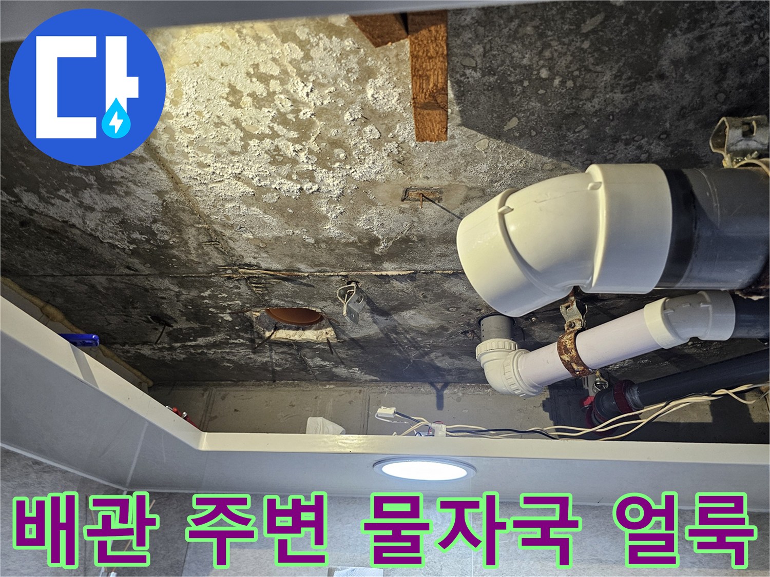하수관 연결 부위 근처의 심한 습기 및 백화 현상
