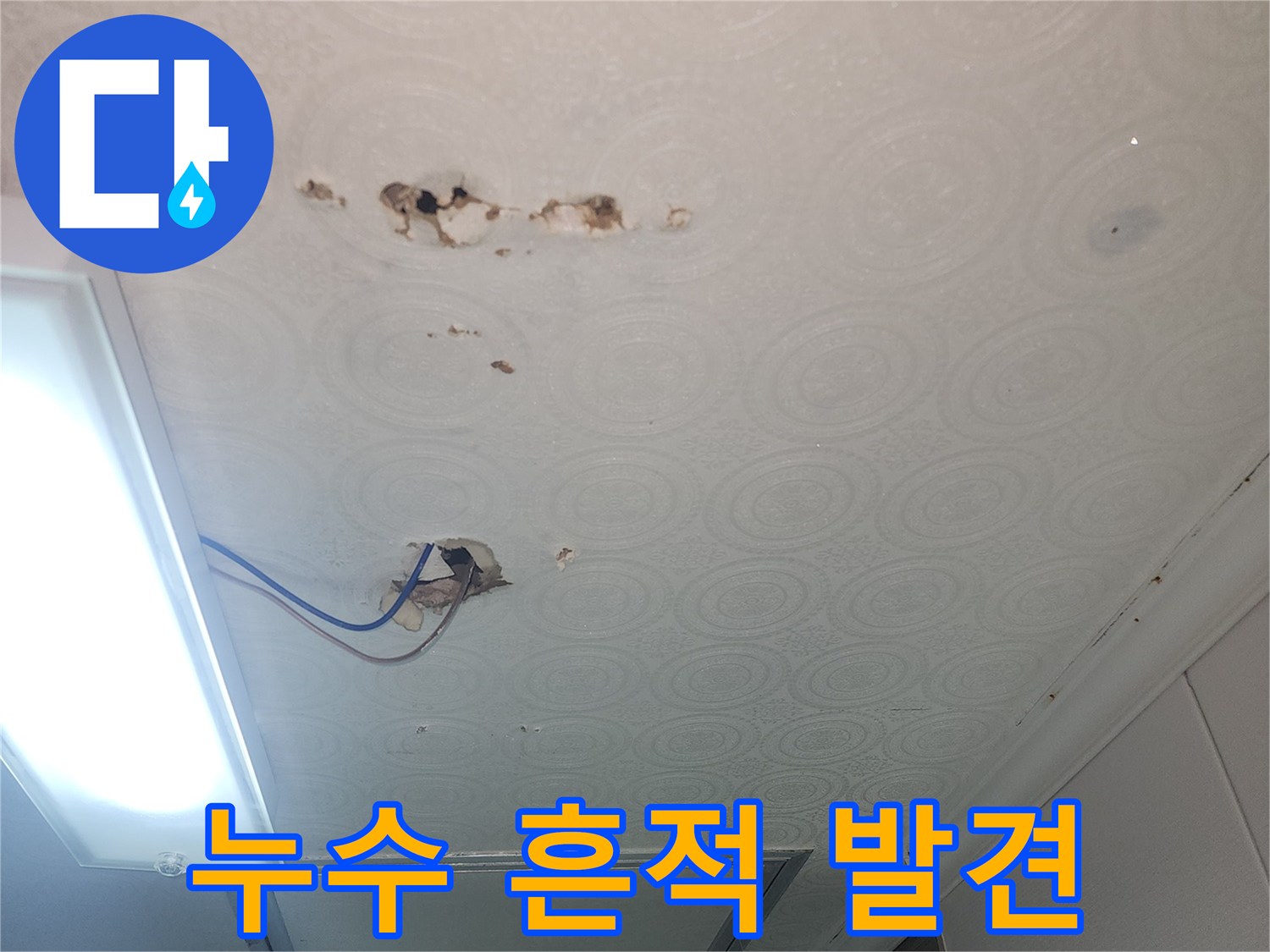 욕실 천장 벽면-물샘으로 인한 얼룩과 파손 부위