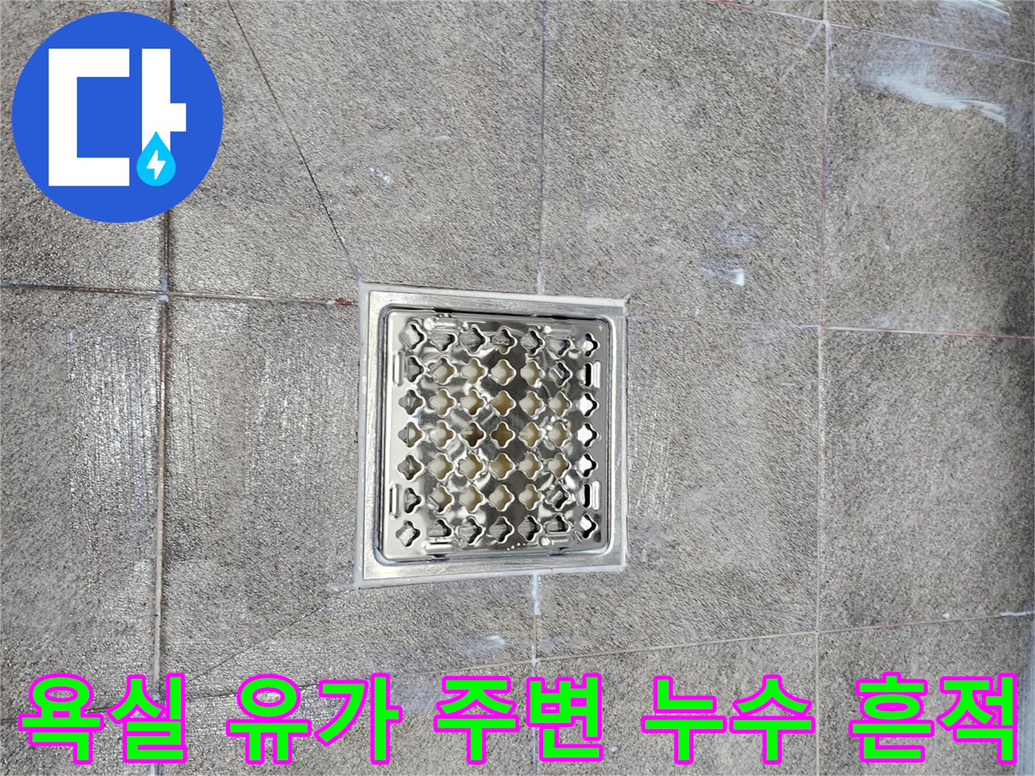 하수구 배수구 주변의 젖은 타일과 얼룩 확인