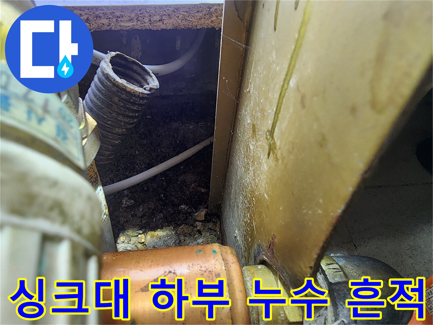 분당 아파트-싱크대 하단 배관 연결 부위의 습기와 오염 상태를 보여주는 사진입니다.