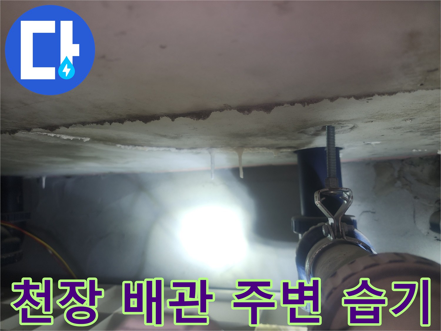 화장실 천장 점검구-배관 주위의 젖은 슬라브와 석회 고드름 현상