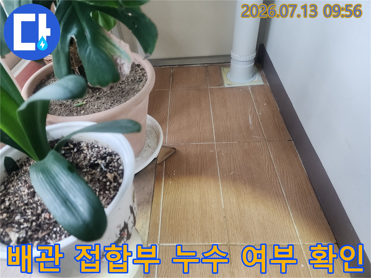 화분 옆에 위치한 우수관과 타일 바닥 경계면의 세밀한 점검 장면