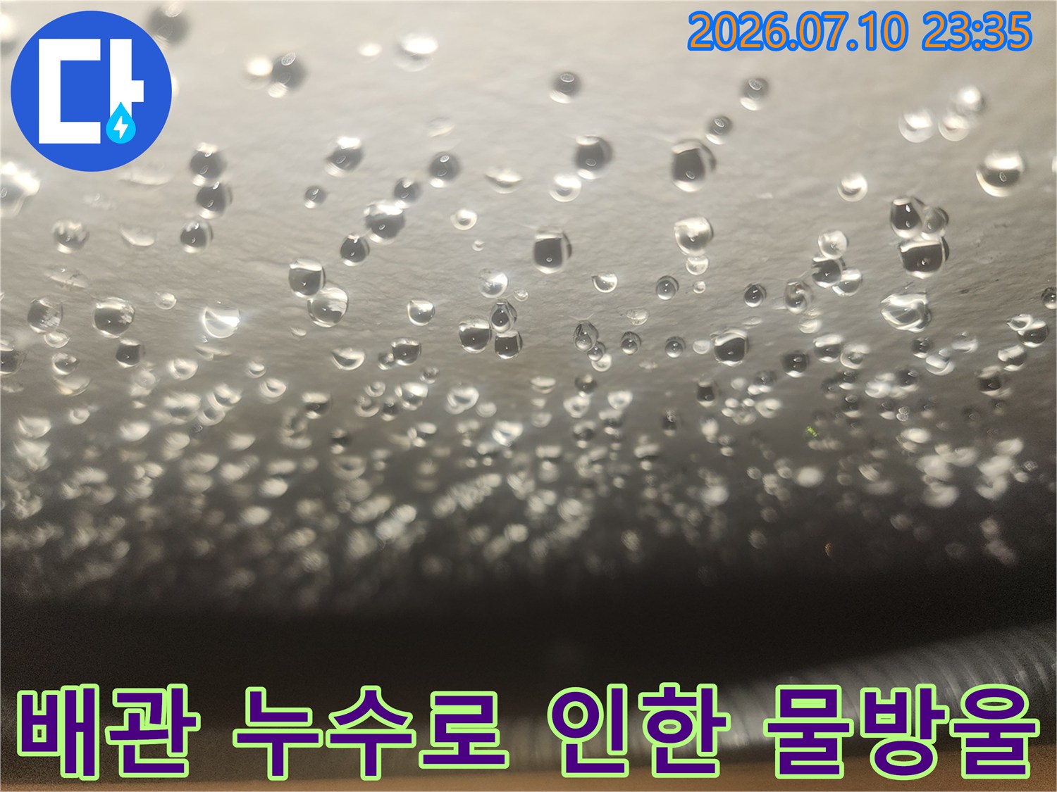 천장 마감재에 맺힌 수분과 누수 경로 추적 과정