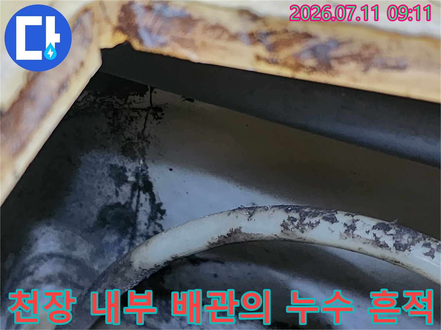 노후된 천장 내 배관과 그 주변에 발생한 검은색 물때 현상