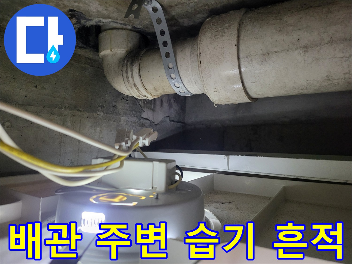 하수 배관 연결부 근처의 습윤한 콘크리트 상태