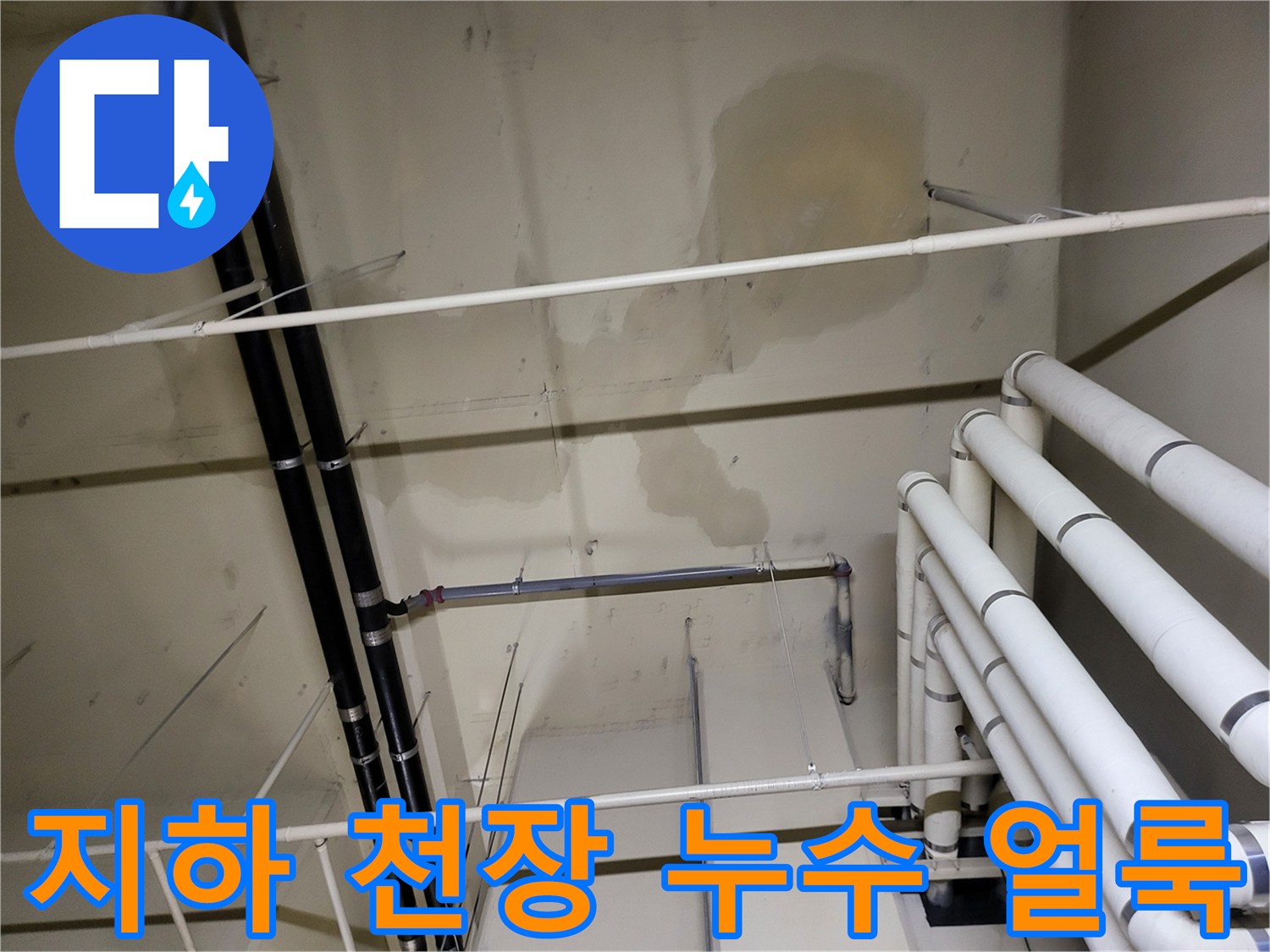 안양 비산동 아파트-지하층 배관 주변의 물샘 흔적과 천장 변색 상태