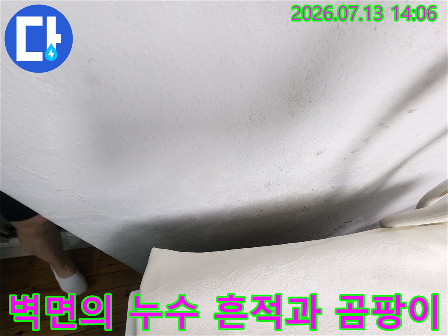 흰색 벽지가 습기로 인해 변색되고 하단부에 곰팡이가 발생한 모습-누수 증상