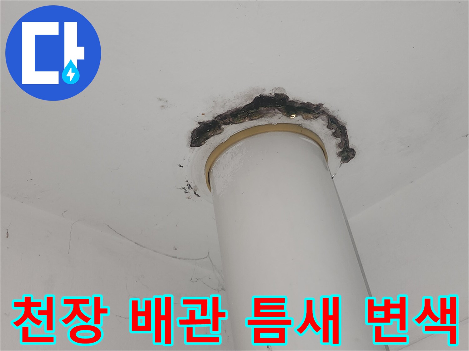 배관 주위 천장 마감재의 검은 오염 및 습기 침투 흔적