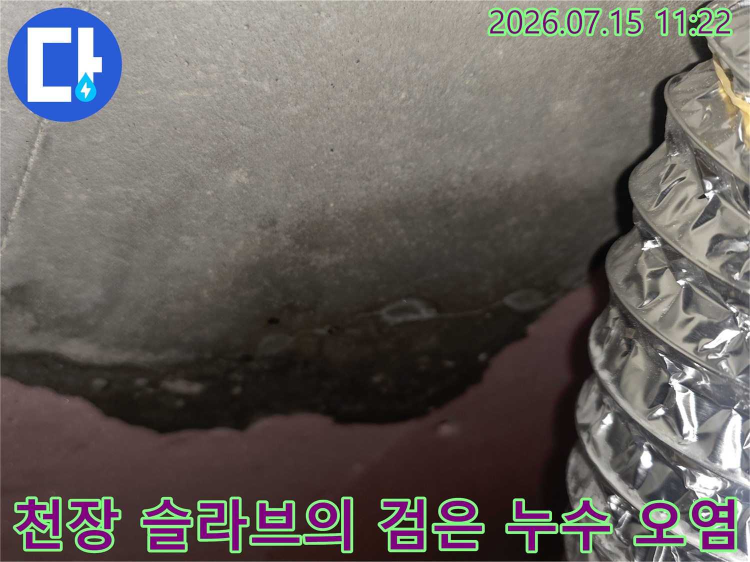 은박 보온재가 설치된 배관 주변으로 넓게 퍼져 있는 천장의 검은색 습기 얼룩