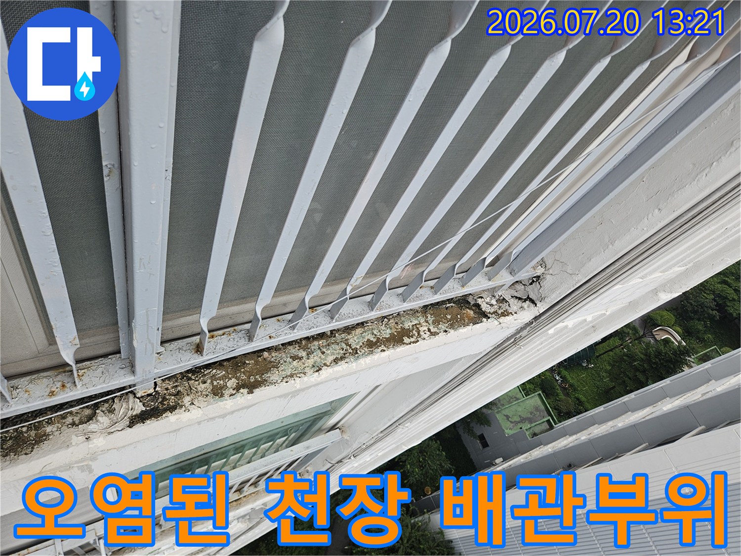습기로 인해 변색되고 부식된 천장 내부 구조물과 배관