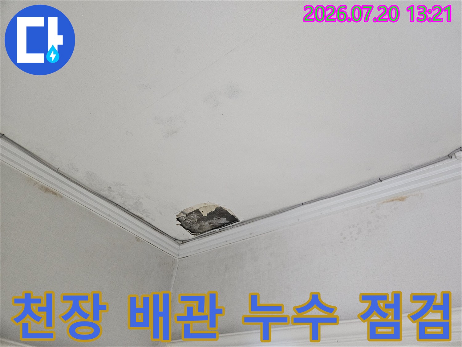 천장 내부 배관과 오염된 시공 부위 확인