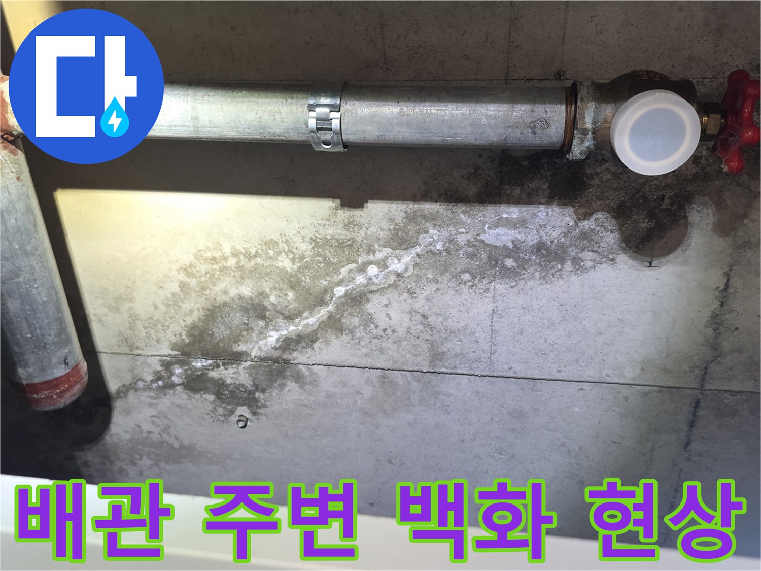 배관 연결 부위의 하얀 백화 현상과 콘크리트 습기 상태