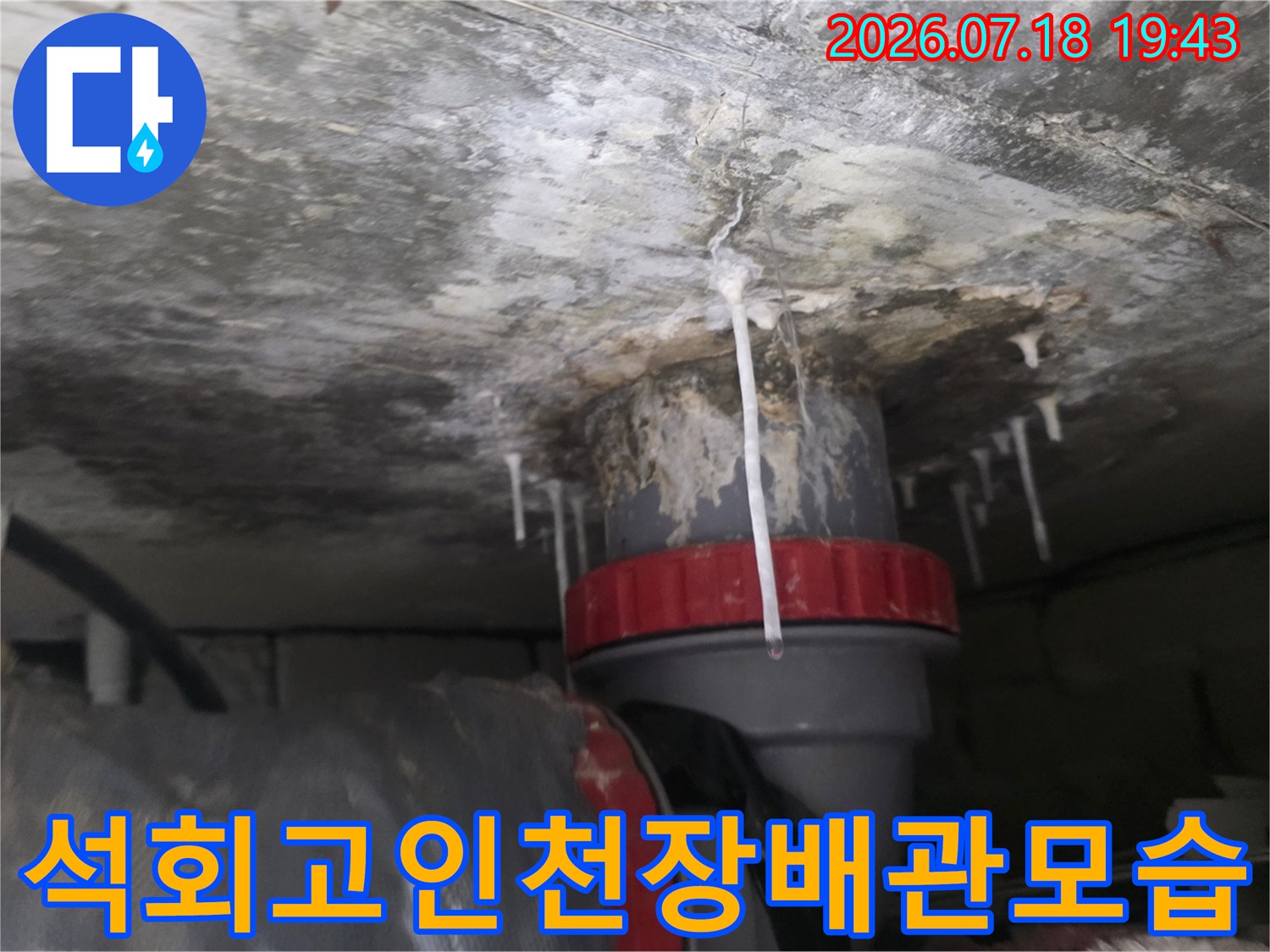 하얀 석회와 물방울이 맺힌 천장 배관 부위 촬영