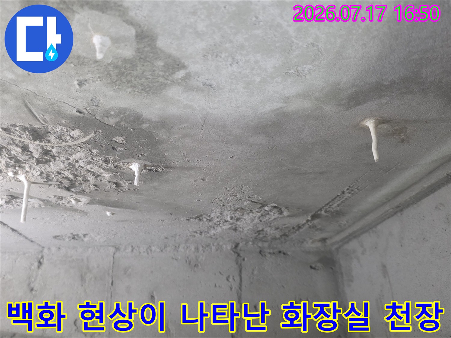 천장-콘크리트에서-하얀색-석회가-맺혀-내려온-누수-현장-사진