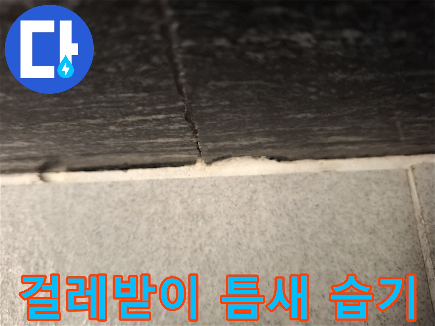 거실 걸레받이 하단부의 곰팡이와 변색된 부위 상세