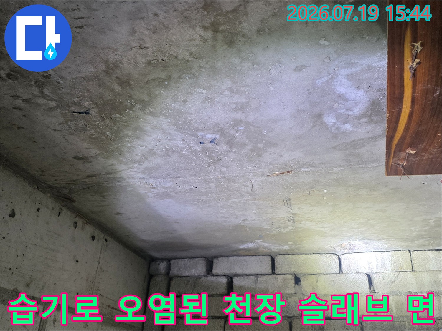 물샘 현상으로 인해 변색되고 습기가 가득한 화장실 천장 내부 콘크리트 모습